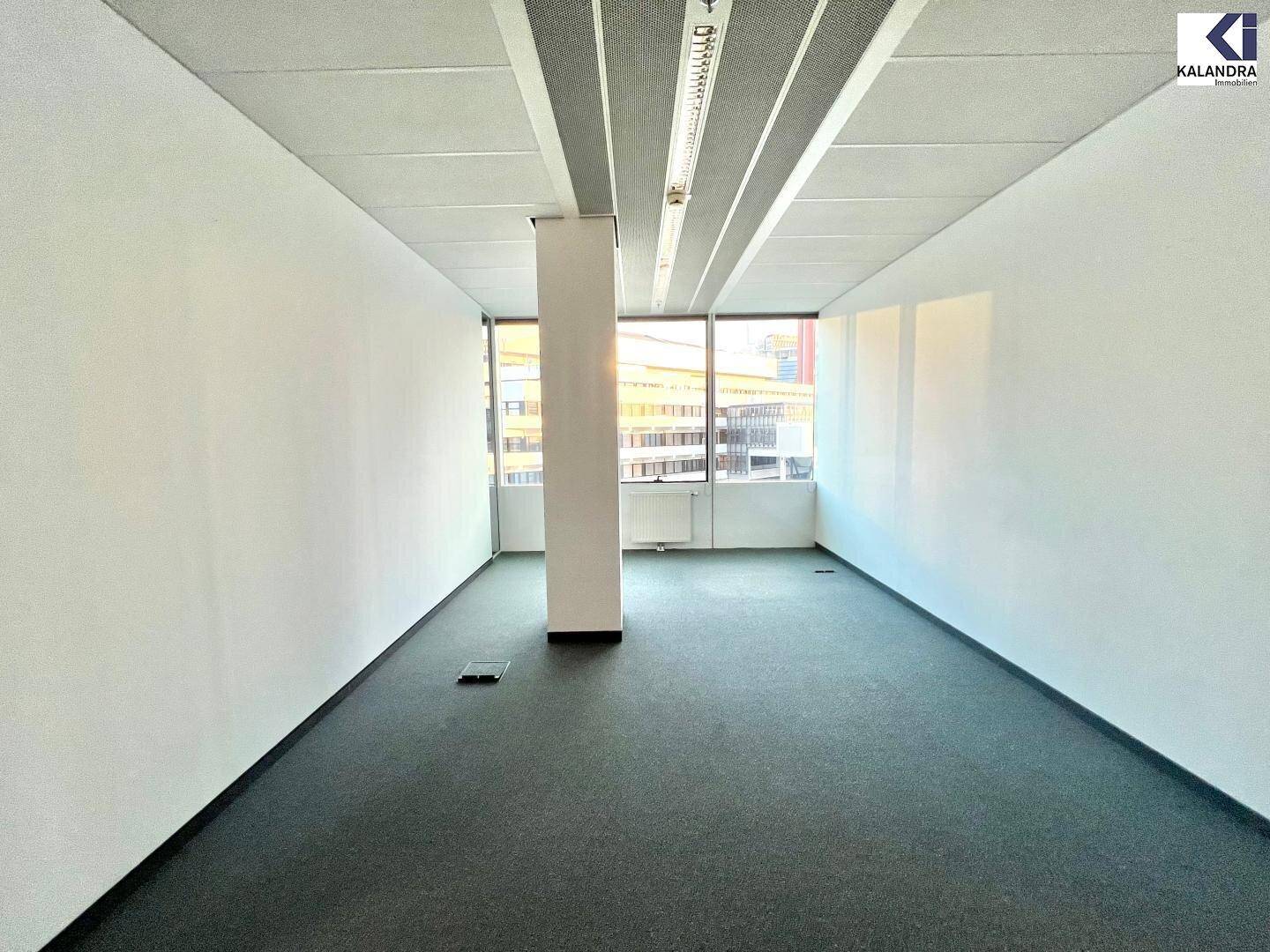 Leeres Büro mit Teppichboden, weißen Wänden und großen Fenstern, die viel Licht hereinlassen.