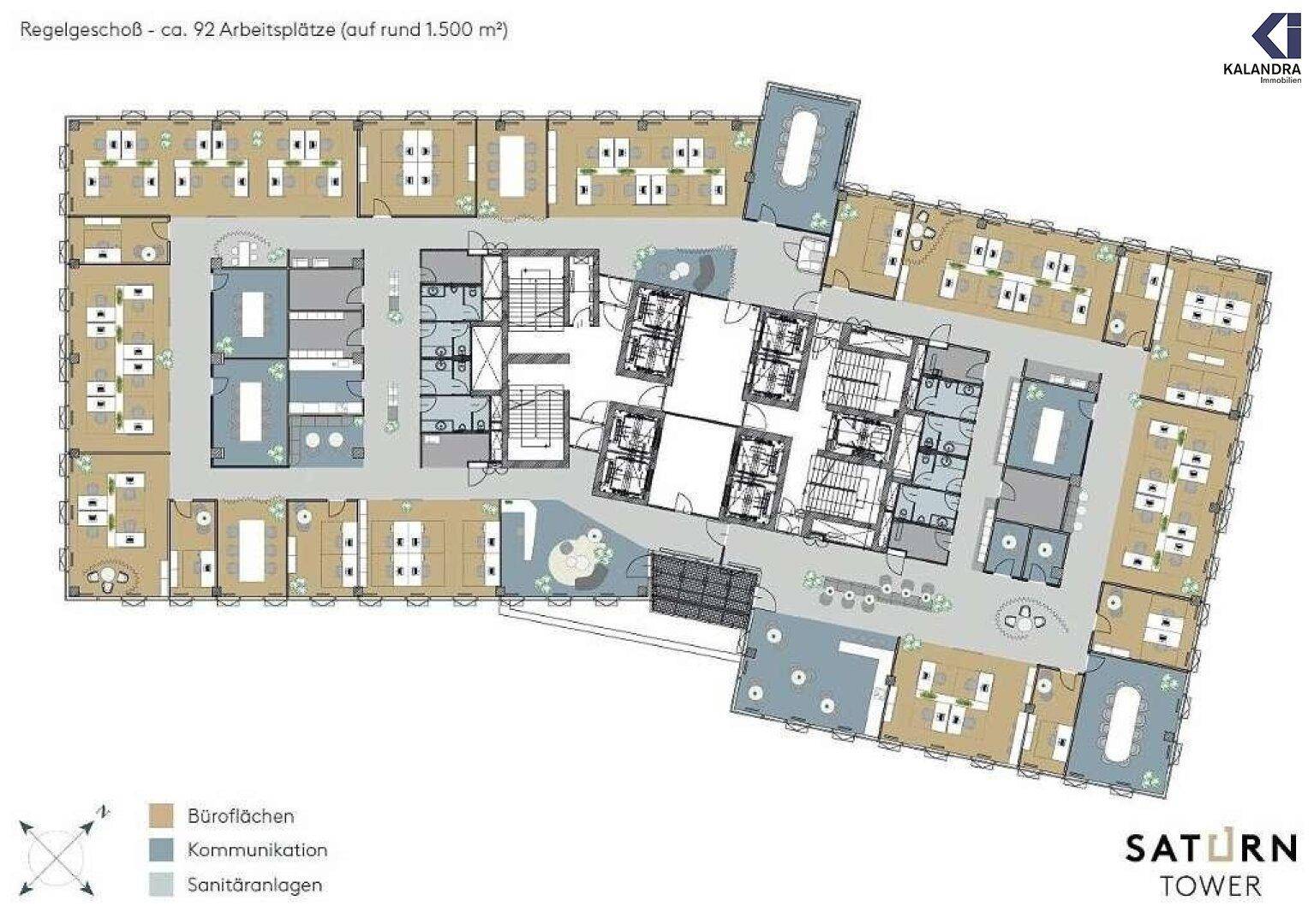 Grundriss eines Regelgeschosses mit 92 Arbeitsplätzen, Bürobereichen und Sanitäranlagen.