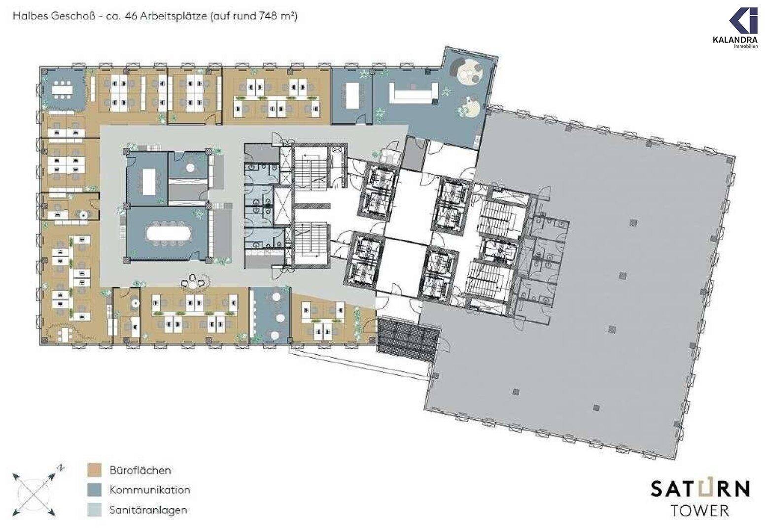 Grundriss eines halben Geschosses mit 46 Arbeitsplätzen und verschiedenen Kommunikationsbereichen.