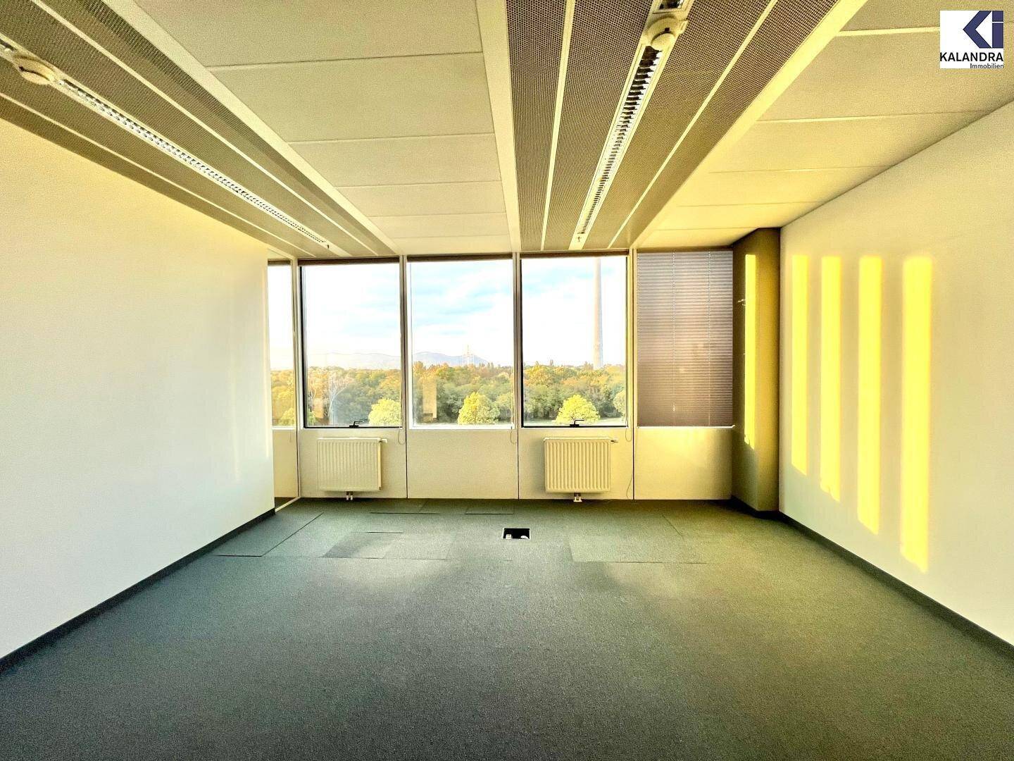 Leeres Büro mit Teppichboden und großen Fenstern, die einen Blick auf die grüne Umgebung bieten.