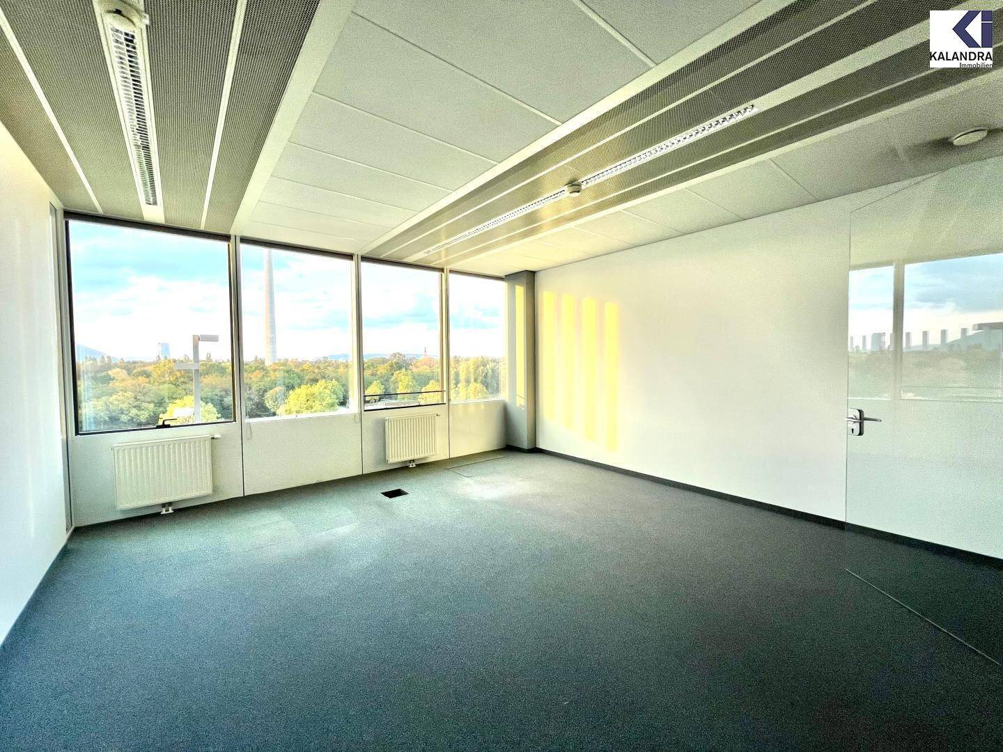 Geräumiges, leeres Büro mit Teppichboden und großen Fenstern, die viel Tageslicht hereinlassen.
