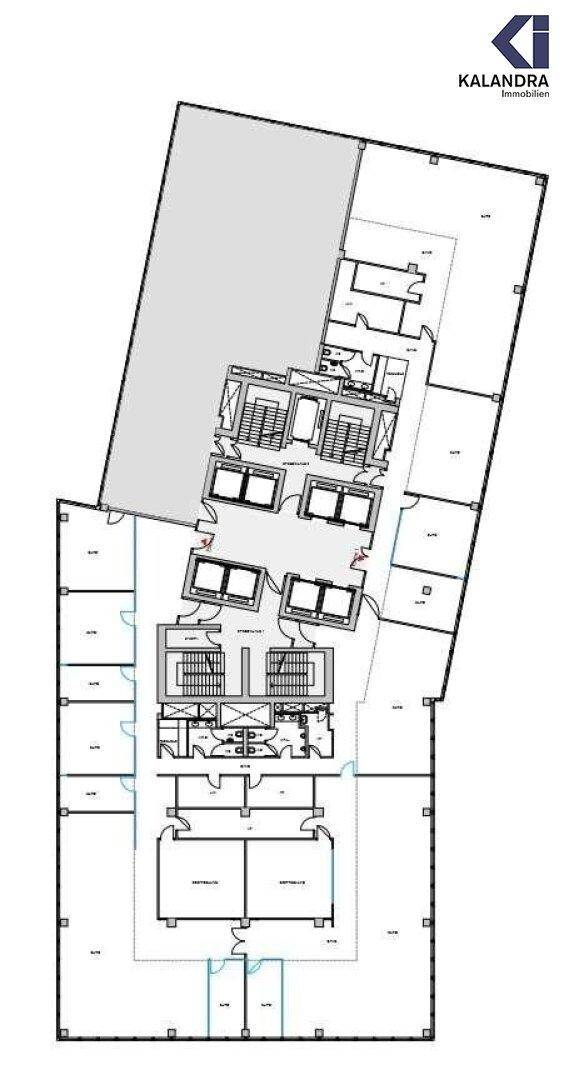 Vereinfachter Grundriss eines Geschosses, der die Aufteilung der Bürobereiche und Sanitäranlagen zeigt.