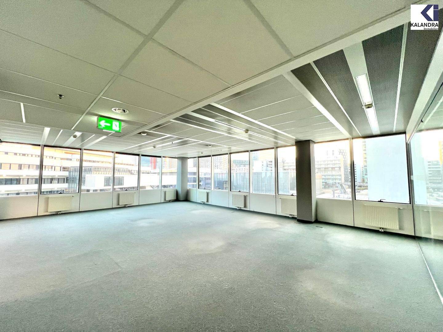Geräumiges, leeres Büro mit Teppichboden und großen Fenstern, die viel Tageslicht hereinlassen.