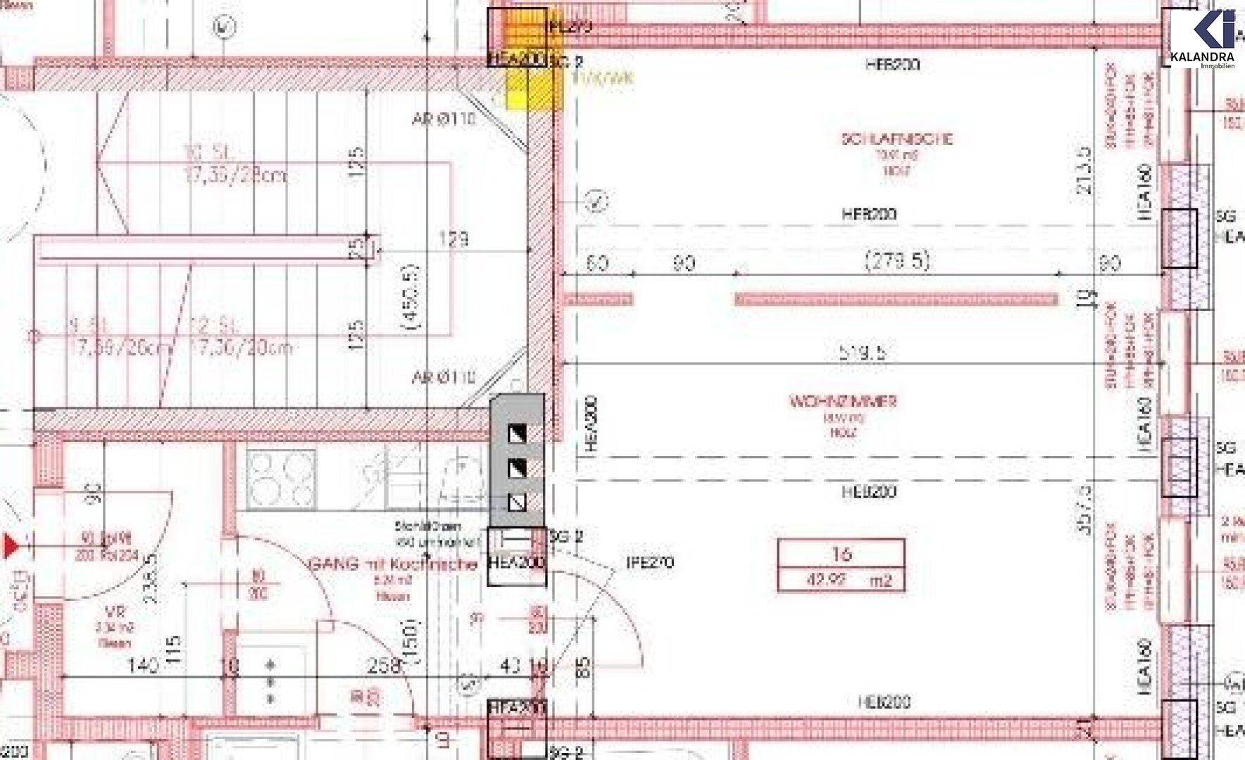 Detaillierter Grundriss einer Wohnung mit Wohnzimmer, Schlafzimmer und Treppenhaus.