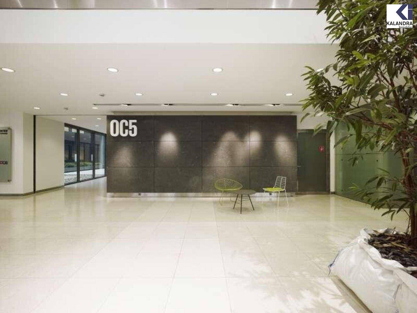 Helle Lobby mit Fliesenboden, einer großen Pflanze und einer dunklen Akzentwand mit dem Schriftzug "OC5".