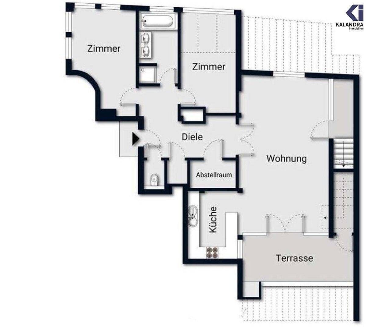Grundriss einer Wohnung mit zwei Zimmern, Küche, Bad, Abstellraum und Terrasse.