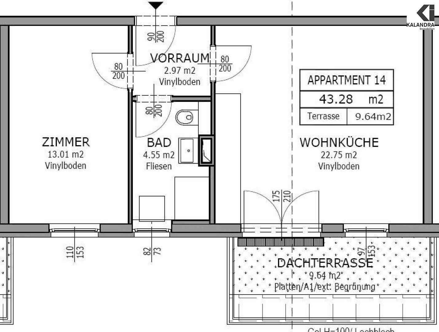 Grundriss des Appartements 14 zeigt Zimmer, Wohnküche, Bad, Vorraum und eine Dachterrasse.