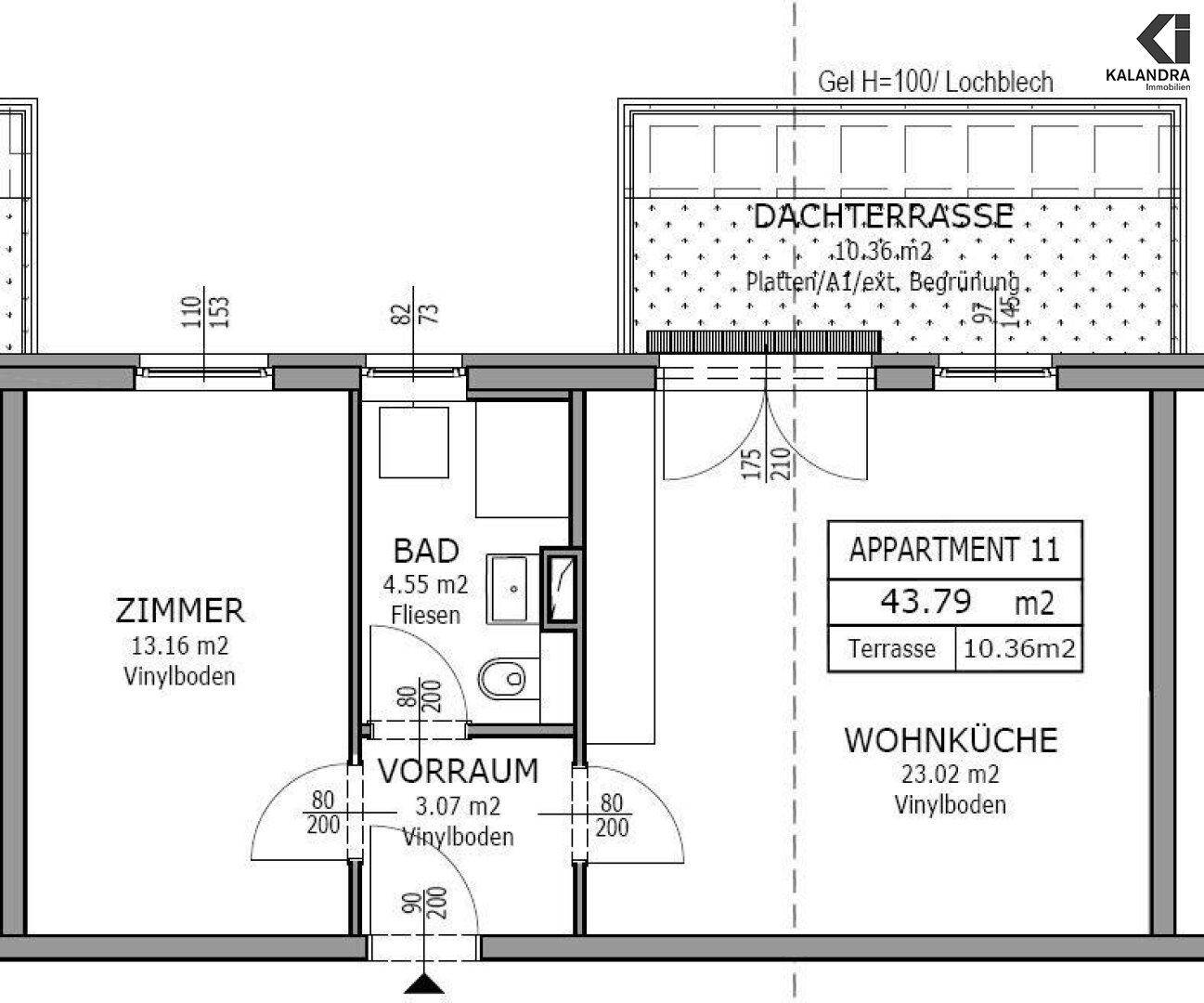 Grundriss für Appartement 11 mit Wohnküche, Zimmer, Bad und großer Dachterrasse.