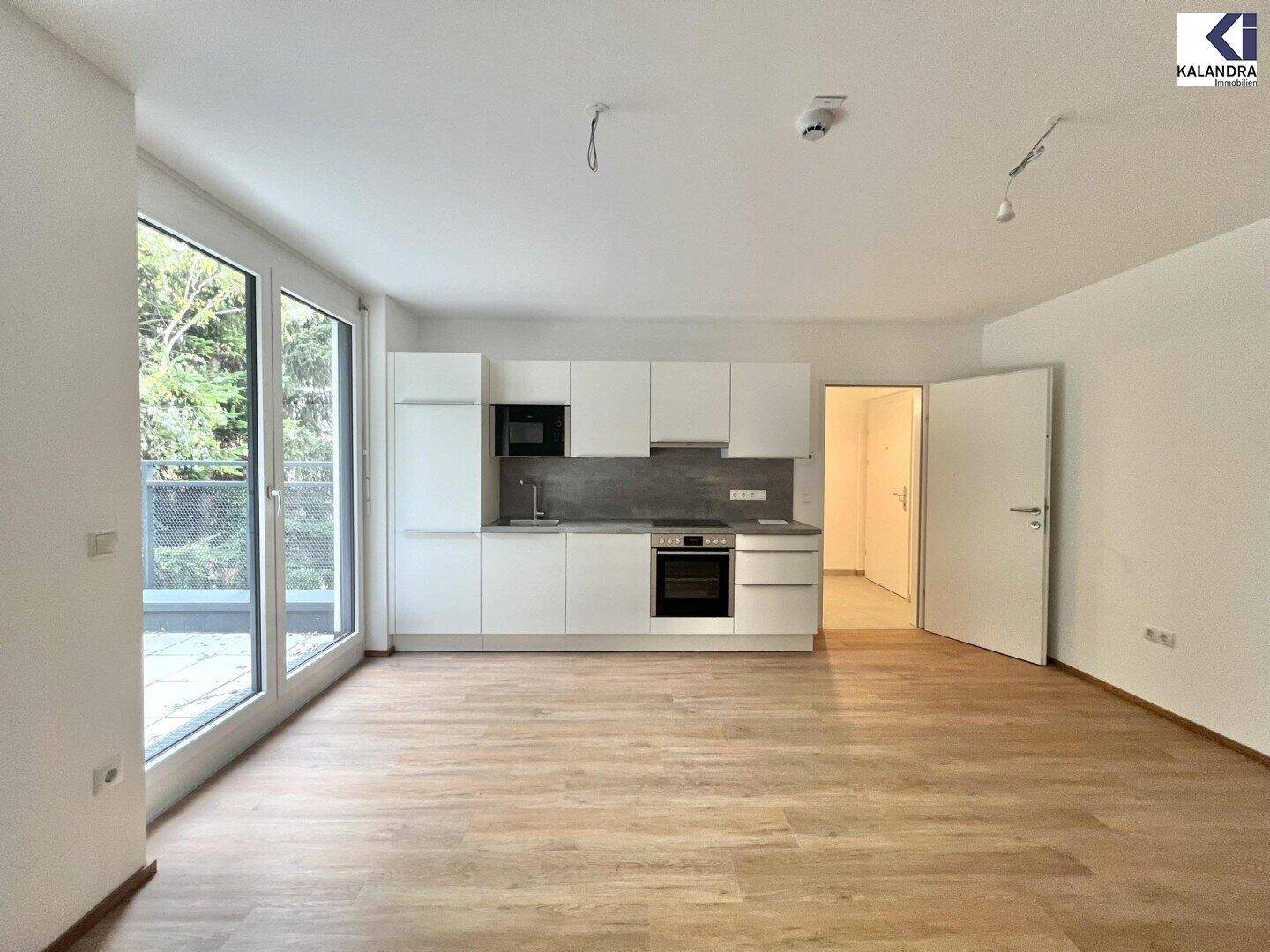 Offener Wohnbereich mit moderner Einbauküche, Holzboden und großen Glasfronten zur Terrasse.