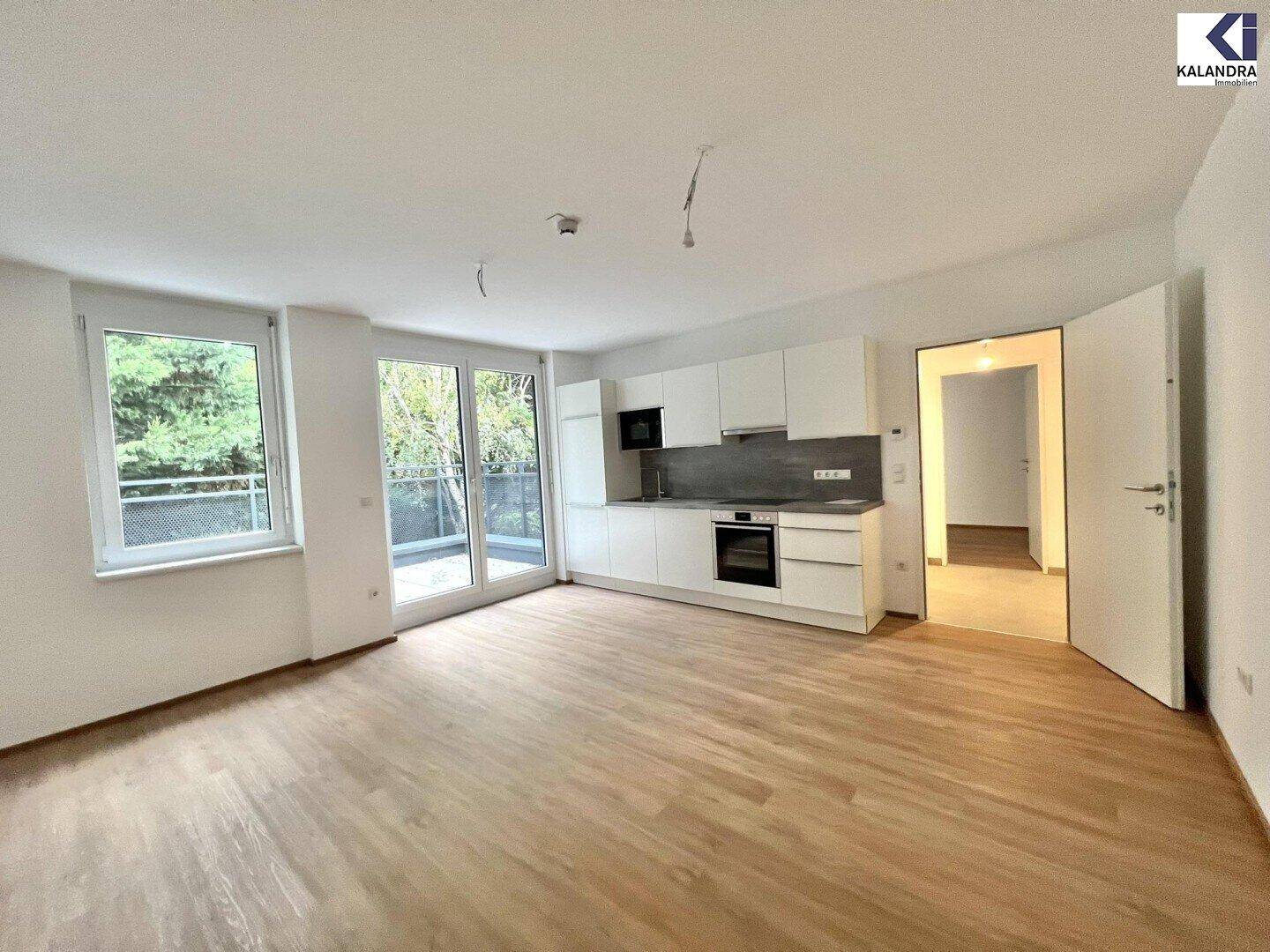 Heller offener Wohnbereich mit integrierter Küche, Holzboden und Zugang zur Terrasse.