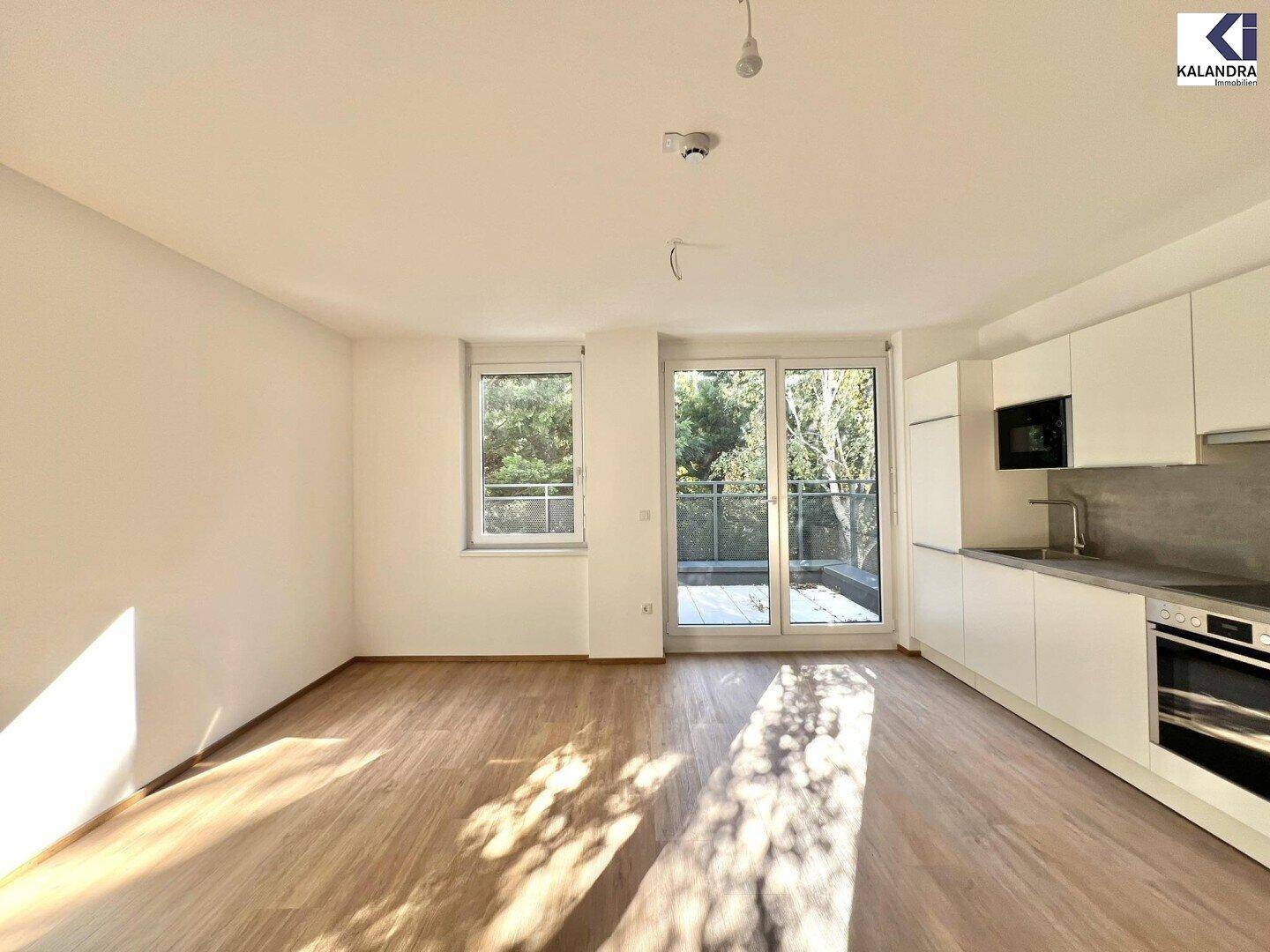 Heller offener Wohn- und Küchenbereich mit Holzboden, großen Fenstern und Zugang zur Terrasse.