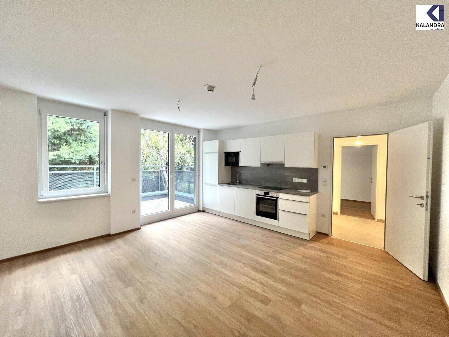 Geräumiger Wohn- und Küchenbereich mit Holzboden, modernen Einbauschränken und Terrassenzugang.