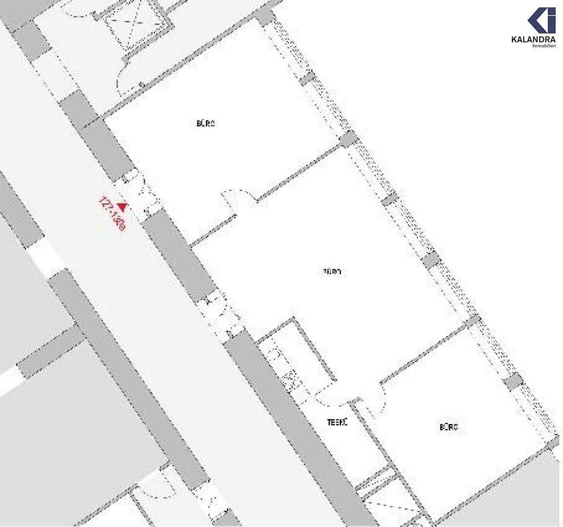 Grundrissplan zeigt mehrere Büroräume und eine Teeküche in einem Gebäude.