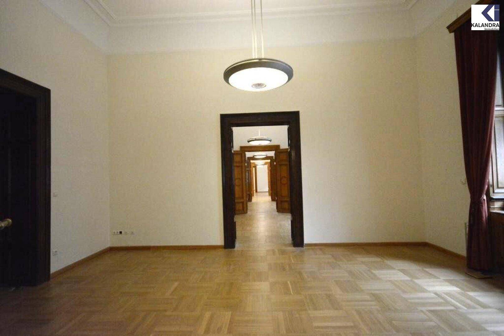 Geräumiger Raum mit Parkettboden, der in einen langen Flur mit mehreren Türen und hohen Decken führt.
