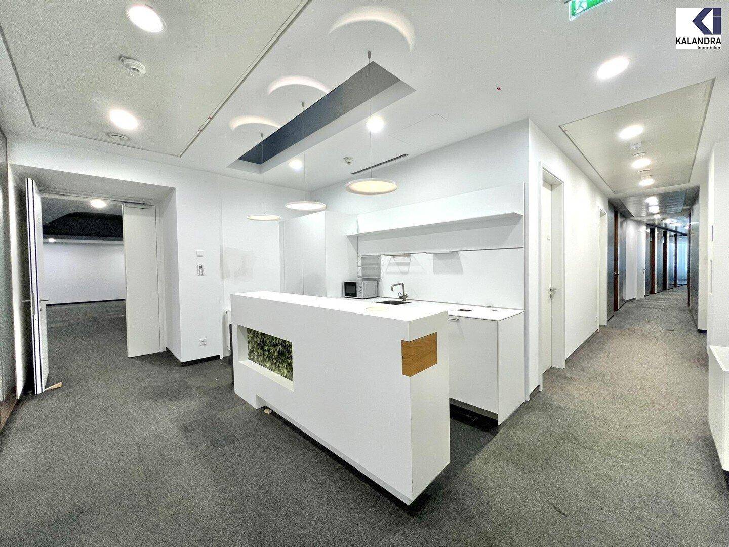 Moderne Teeküche in einem Bürogebäude mit integrierter Bepflanzung und Deckenbeleuchtung.