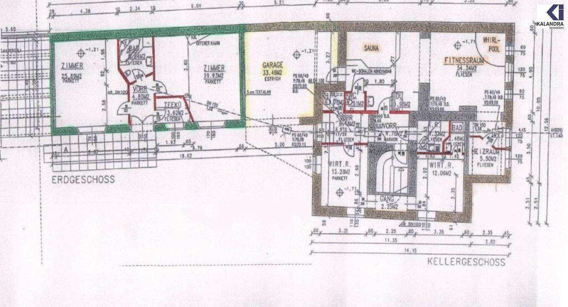 Grundriss des Erd- und Kellergeschosses mit Sauna, Fitnessraum und Poolbereich.