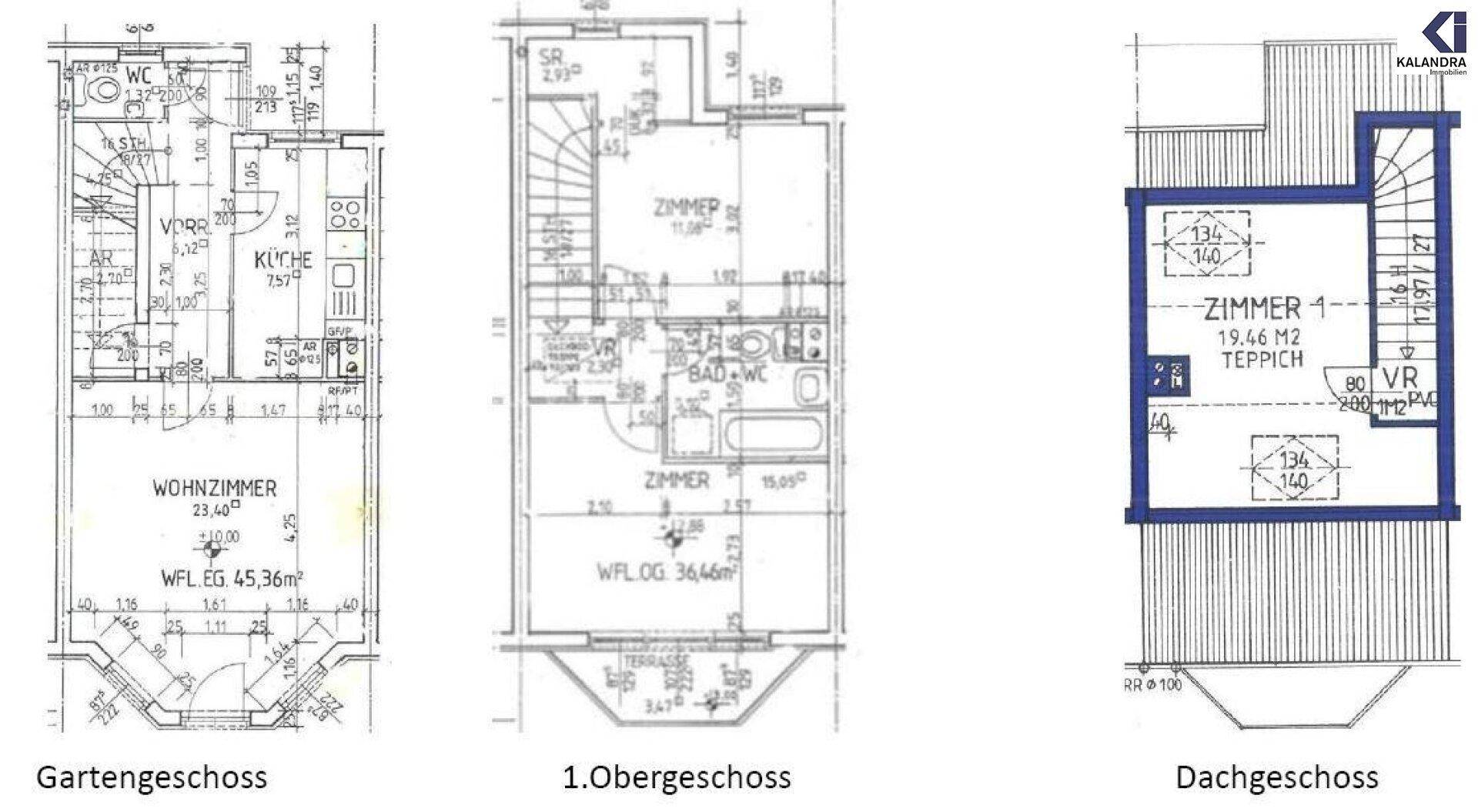 Drei Grundrisse zeigen die Aufteilung des Gartengeschosses, 1. Obergeschosses und Dachgeschosses.