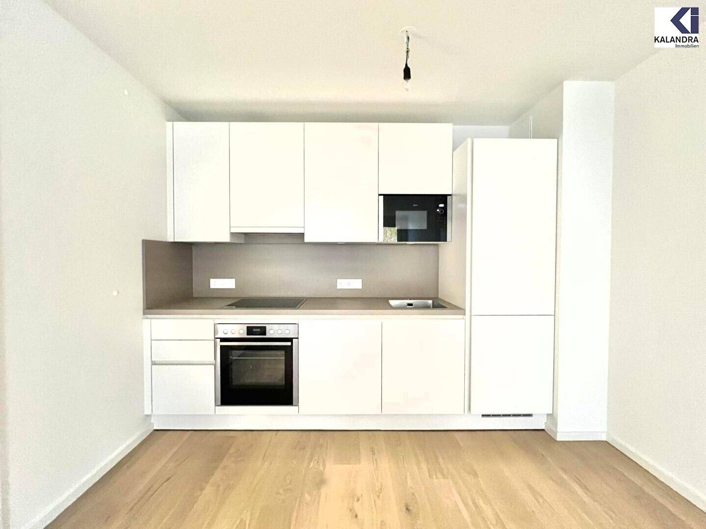Moderne Küchenzeile mit weißen Schränken, integrierten Geräten und Holzboden.
