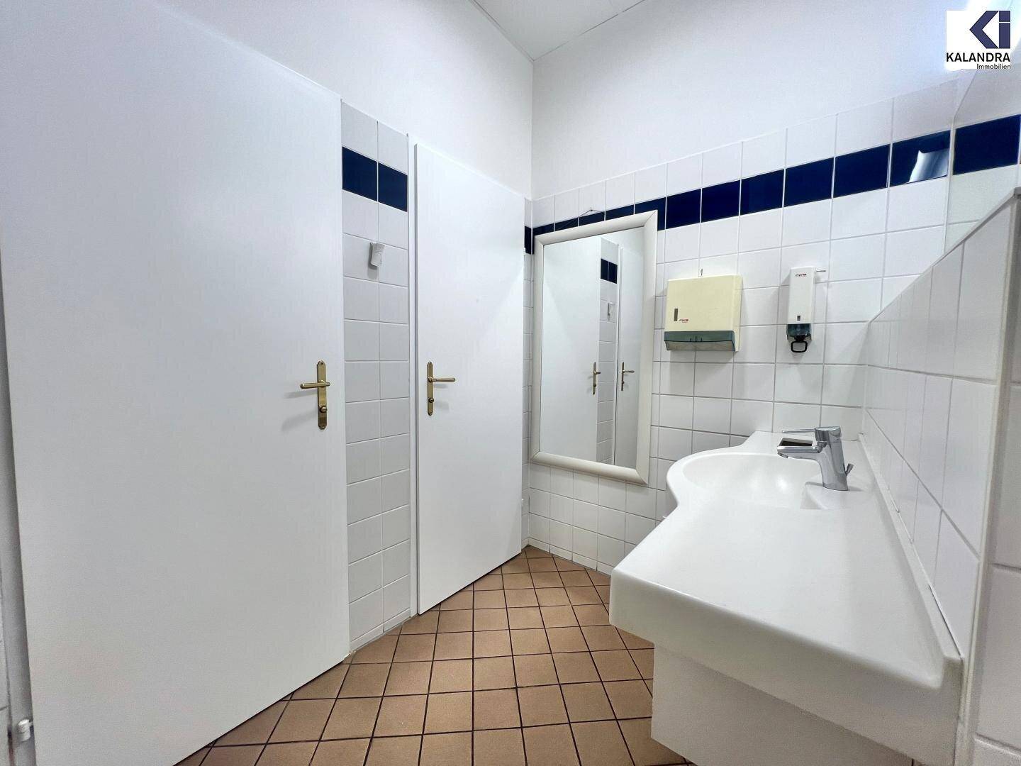 Toilettenbereich mit Waschbecken, Spiegel und gefliesten Wänden in Weiß und Blau.