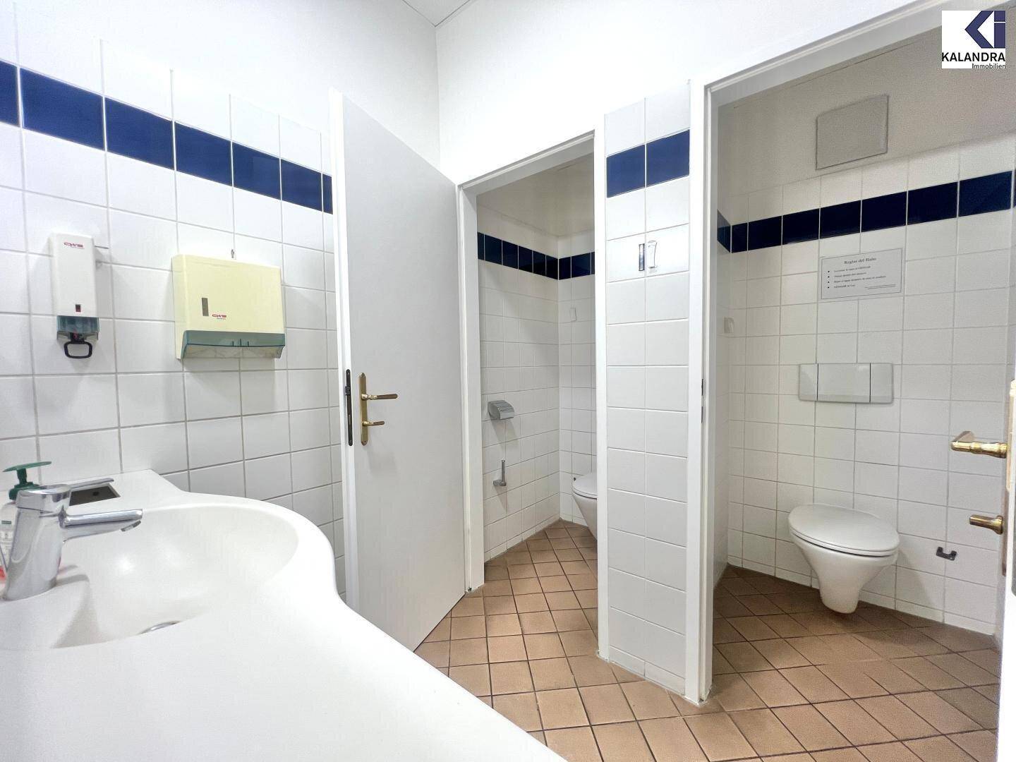 Toilettenbereich mit Waschbecken, Spiegel und gefliesten Wänden in Weiß und Blau.