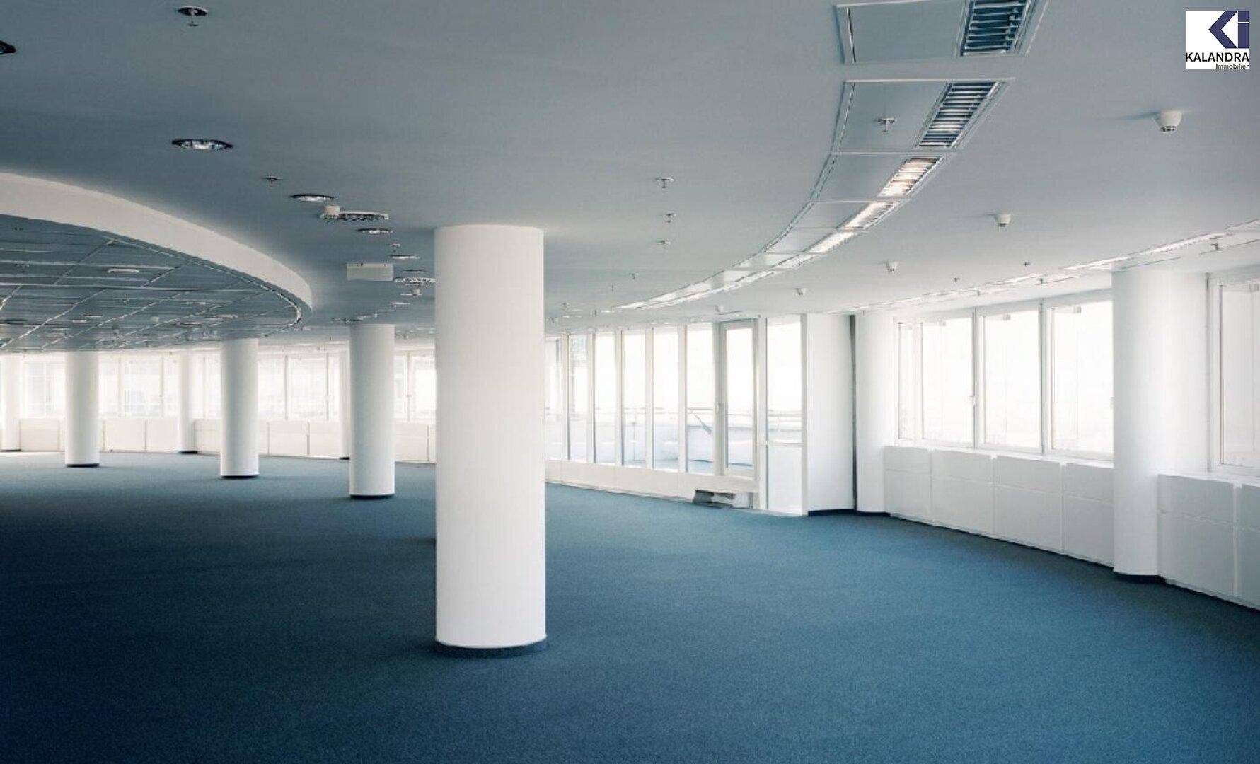Großes, offenes Büro mit blauem Teppichboden, vielen Fenstern und runden Säulen im Raum.