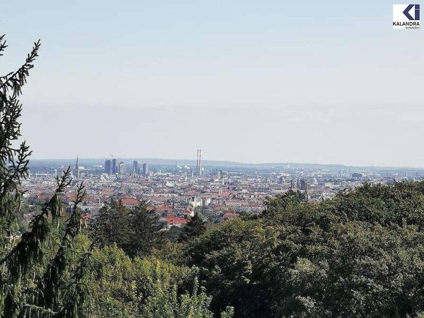 Panoramablick über die Stadt und die umliegende grüne Landschaft.