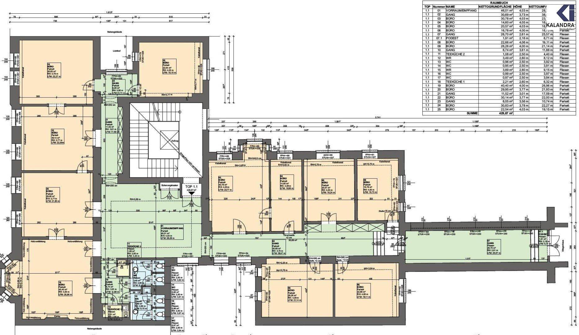 Detaillierter Grundriss mit Raumaufteilung und Flächenangaben für verschiedene Büroeinheiten.