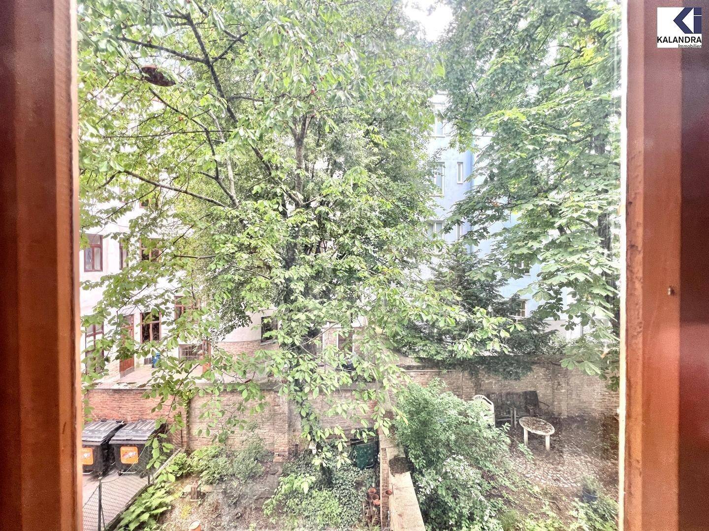 Blick aus dem Fenster auf einen begrünten Innenhof mit Bäumen und Sitzgelegenheiten.