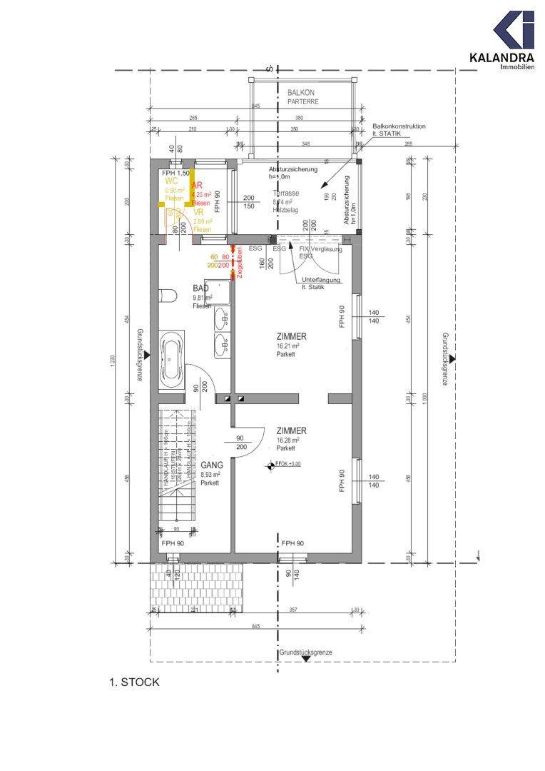 Grundriss des ersten Stocks mit zwei Zimmern, Bad und Balkon.