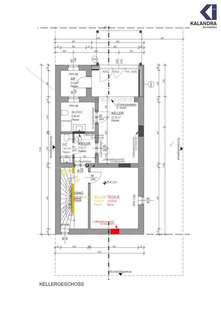 Grundriss des Kellergeschosses mit Technikraum, Kellerabteilen und Bad/WC.