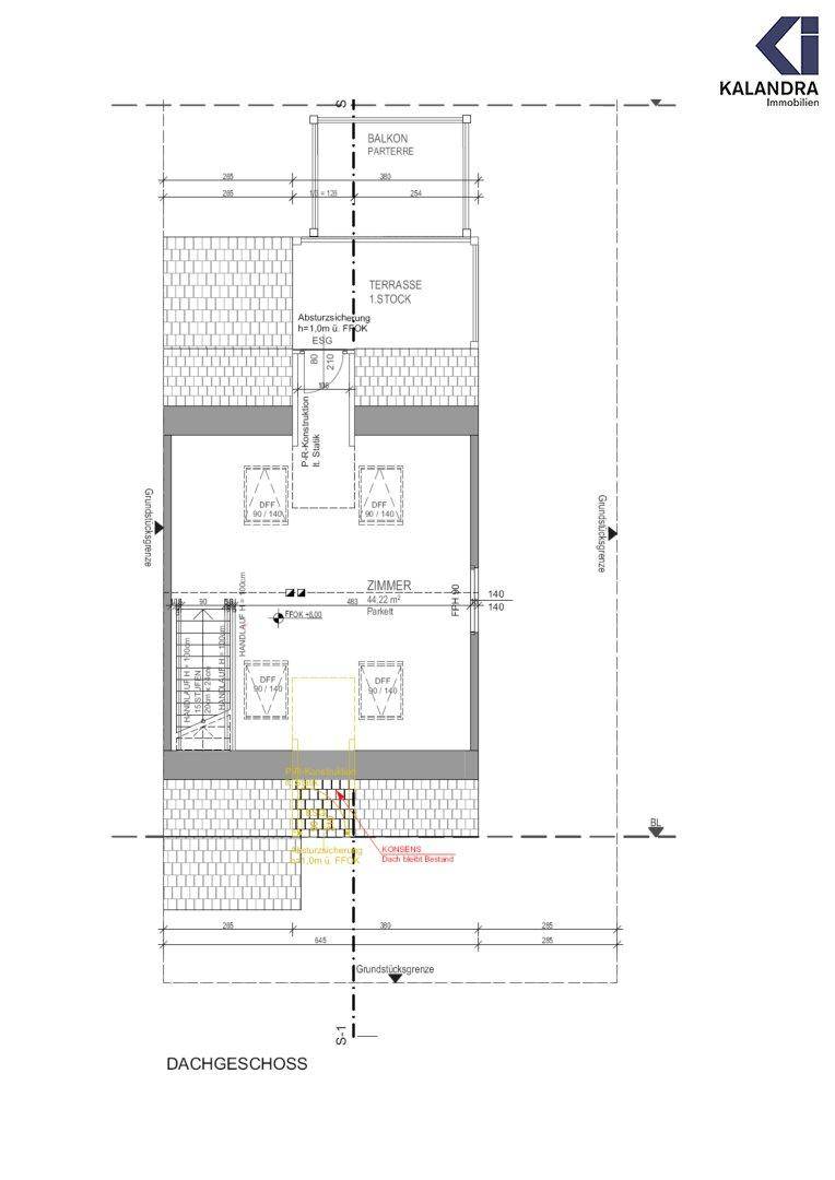 Grundriss des Dachgeschosses mit einem Zimmer und Terrasse.