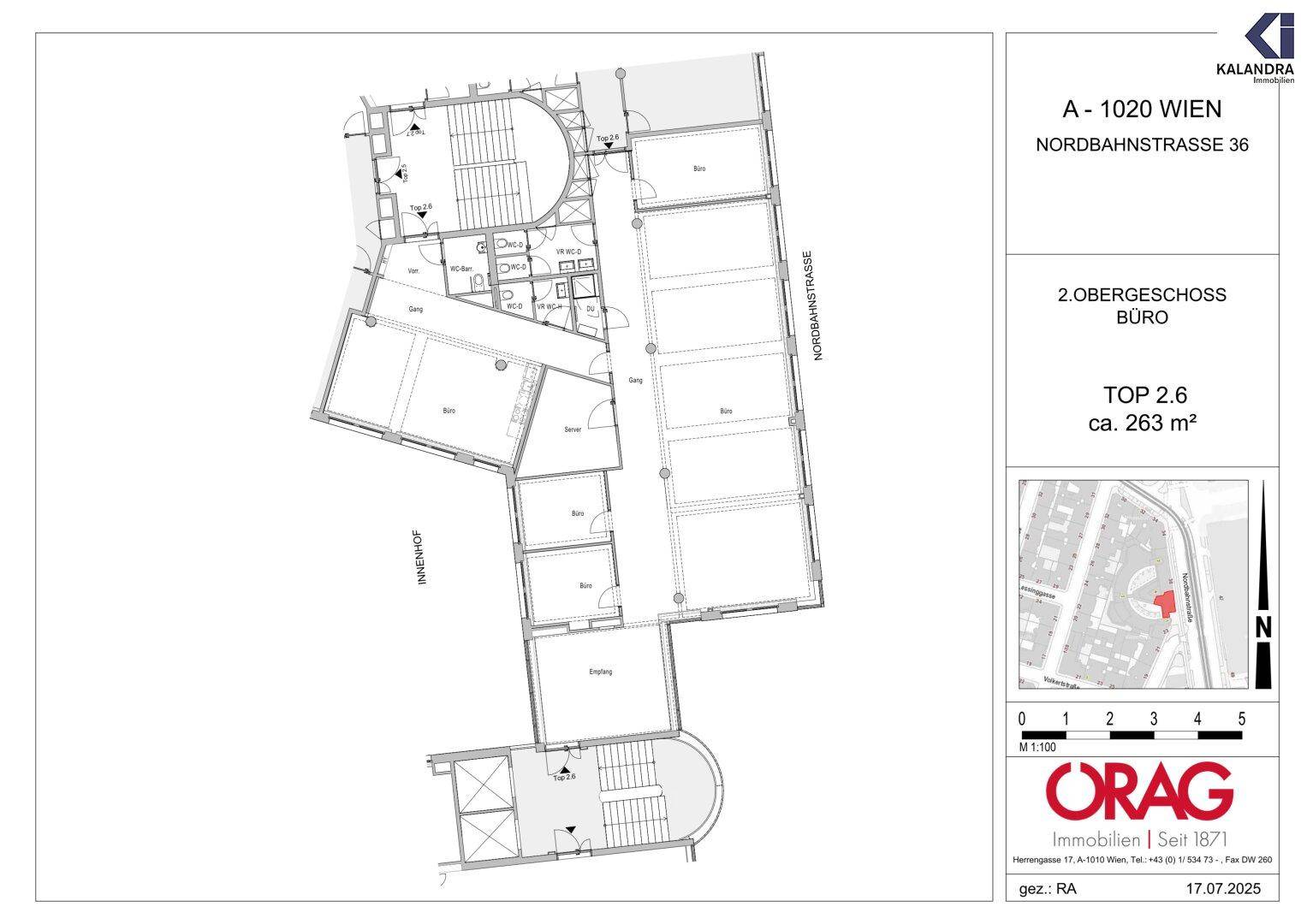 Übersichtlicher Grundriss einer Bürofläche im 2. Obergeschoss mit einer Gesamtfläche von 263 m².