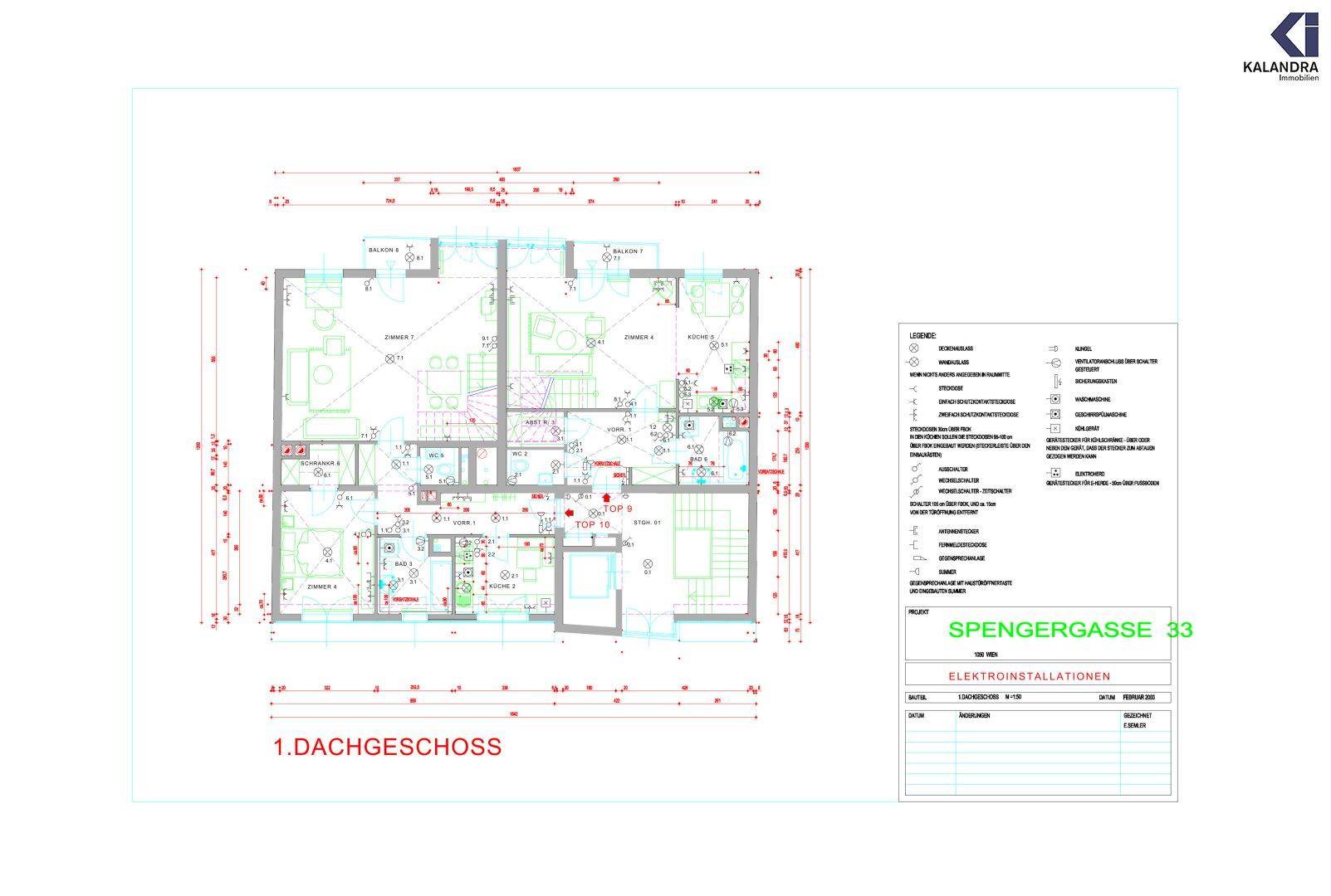 Technischer Grundriss für Elektroinstallationen des ersten Dachgeschosses mit detaillierter Planung.