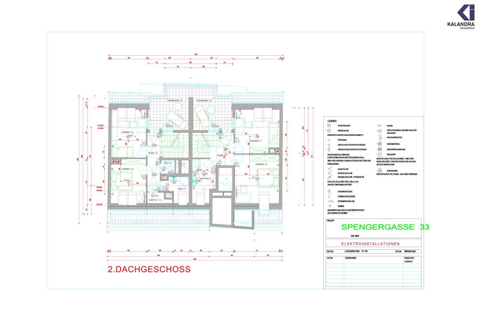 Technischer Grundriss für Elektroinstallationen des zweiten Dachgeschosses mit detaillierter Planung.