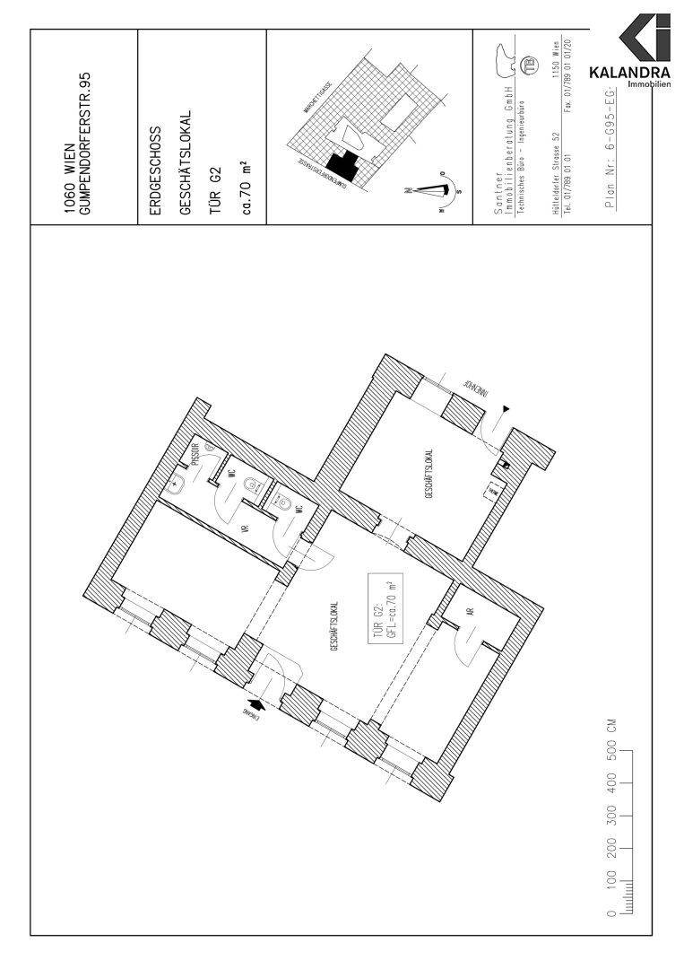 Grundriss eines Geschäftslokals im Erdgeschoss mit offenem Layout und Sanitärbereich.