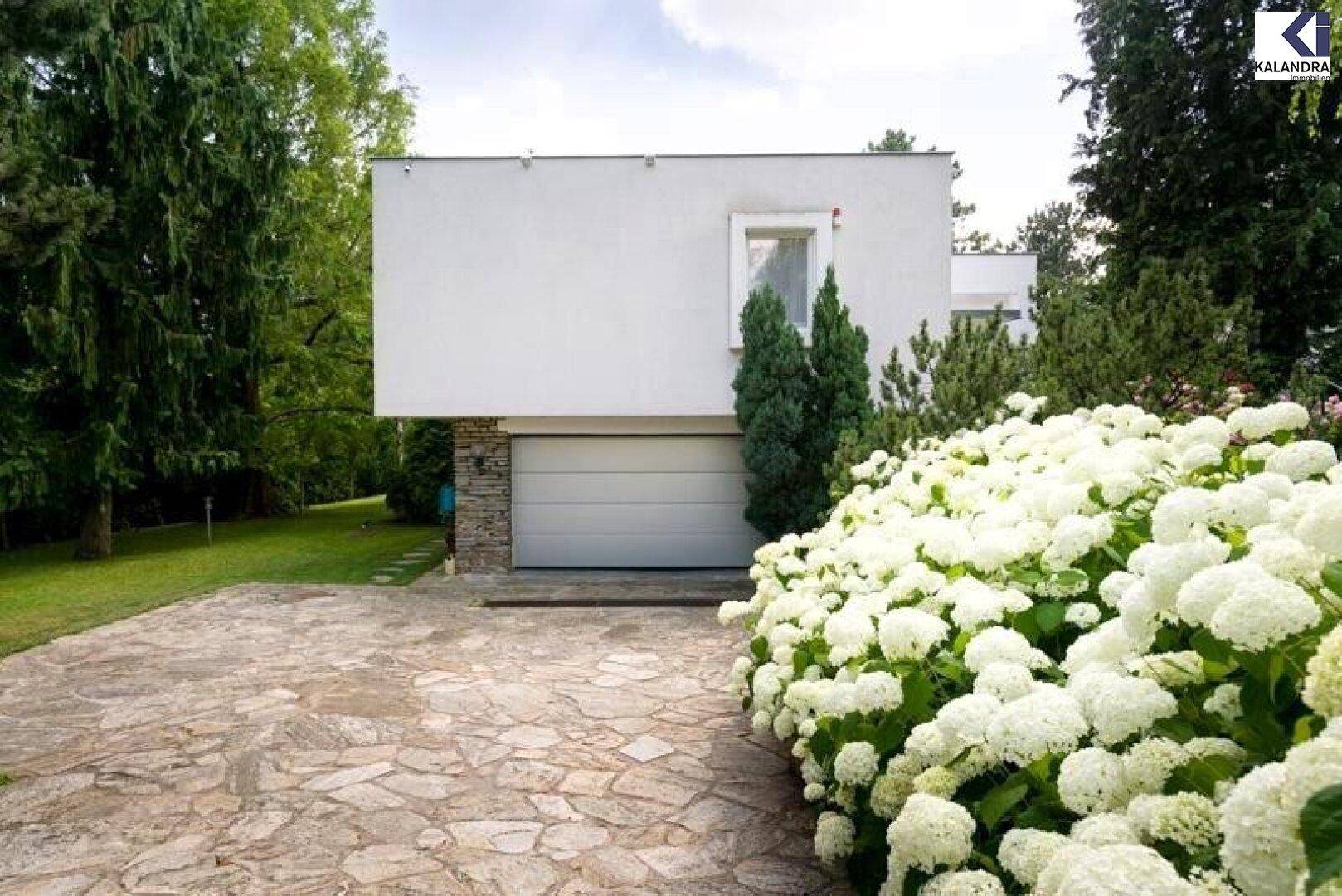 Garagenzufahrt mit automatischem Tor und blühenden Sträuchern.