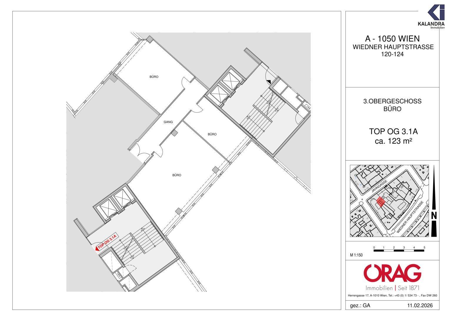 Grundriss des dritten Obergeschosses mit verschiedenen Büroräumen, Sanitäranlagen und Treppenhauszugang.