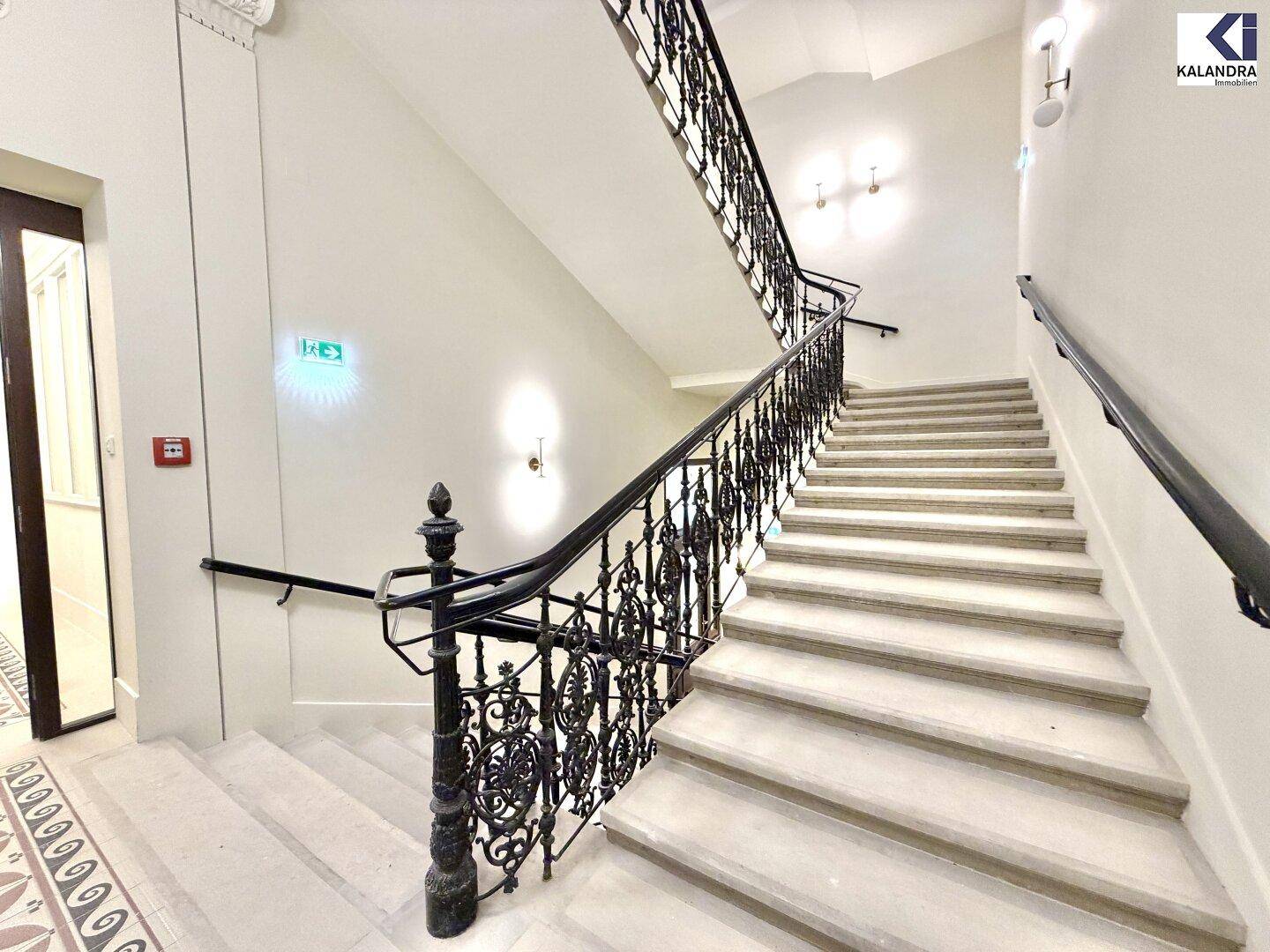 Elegantes Treppenhaus mit schmiedeeisernem Geländer und Steinstufen in einem historischen Gebäude.