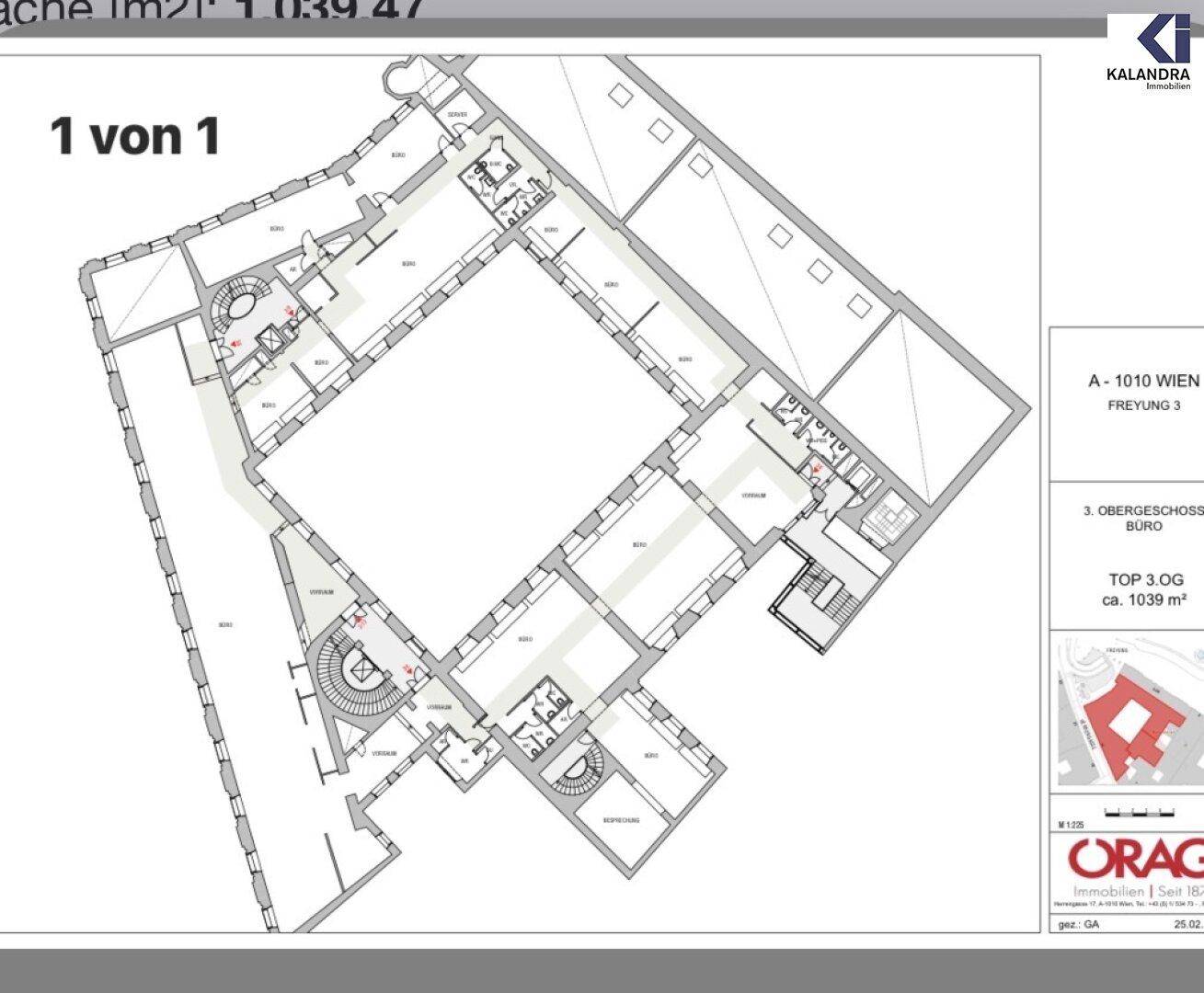 Detaillierter Grundriss des dritten Obergeschosses mit einer Fläche von ca. 1039 m² in Wien.