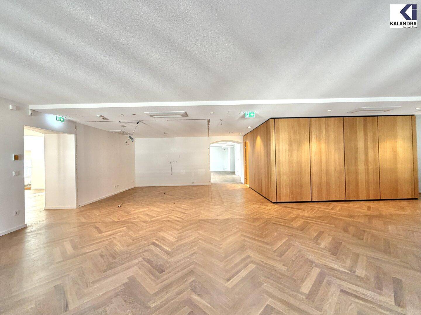 Geräumiger, heller Raum mit Fischgrätparkett und einer modernen Holzvertäfelung an einer Wand.