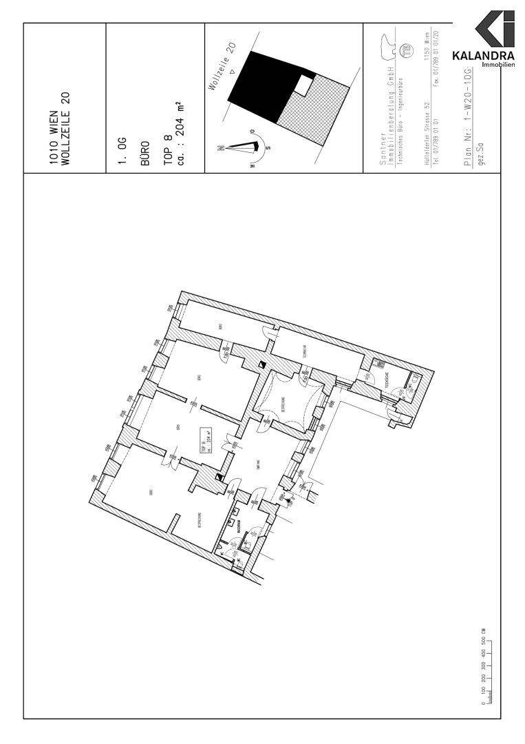 Detaillierter Grundrissplan einer Bürofläche von 204 m² im ersten Obergeschoss, mit klarer Raumaufteilung.
