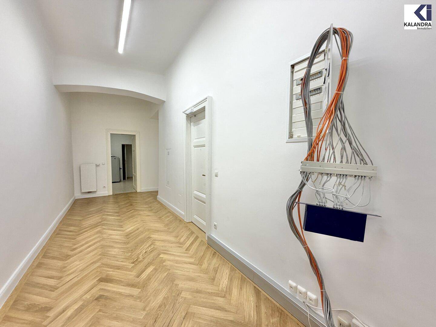 Flur mit Fischgrätparkett und sichtbaren Kabelinstallationen an der Wand, die auf eine bevorstehende Renovierung hindeuten.