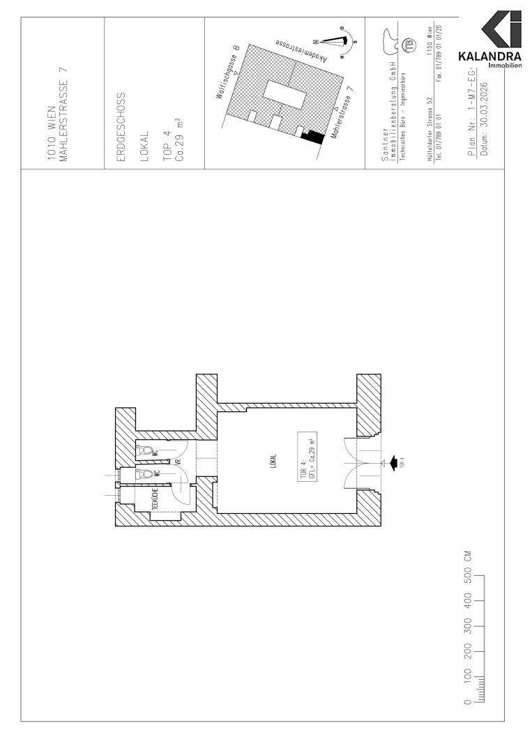 Grundriss eines Gewerbelokals mit offenem Hauptraum und separater Toilette.