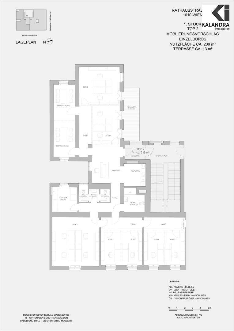 Grundriss für ein möbliertes Einzelbüro im ersten Stock mit 239 m² Nutzfläche und Terrasse.