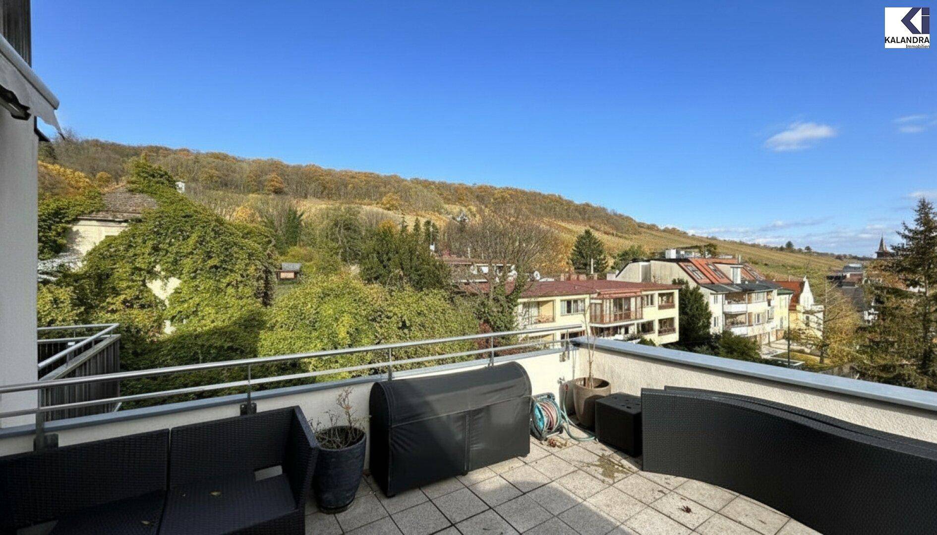 Gemütliche Terrasse mit Loungemöbeln und herbstlichem Blick auf die Weinberge.