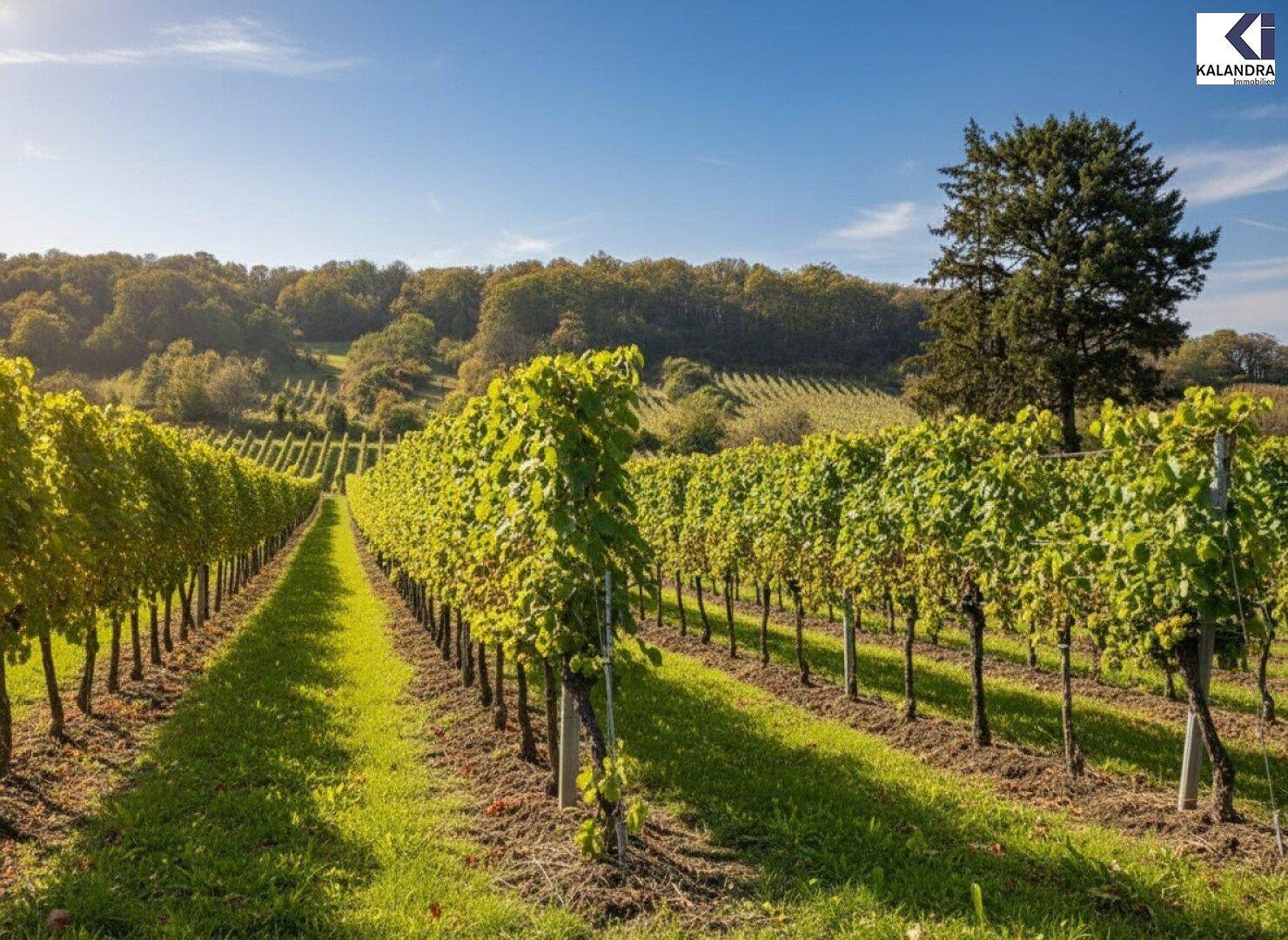 Malerische Weinberge unter blauem Himmel, die die umliegende Landschaft prägen.