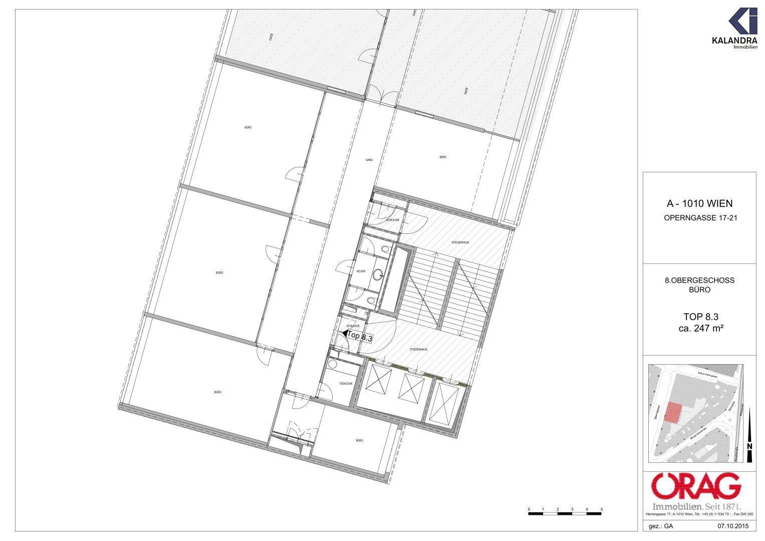 Übersichtlicher Grundriss einer Bürofläche von ca. 247 m² im Obergeschoss mit Details zur Lage und Aufteilung.
