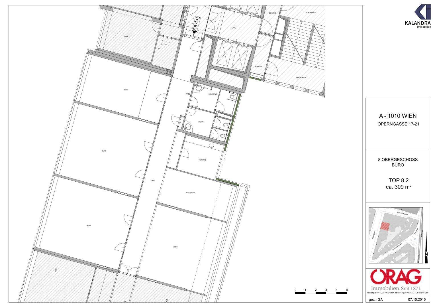 Übersichtlicher Grundriss einer Bürofläche von 309 m² mit verschiedenen Büroräumen und Sanitärbereichen.