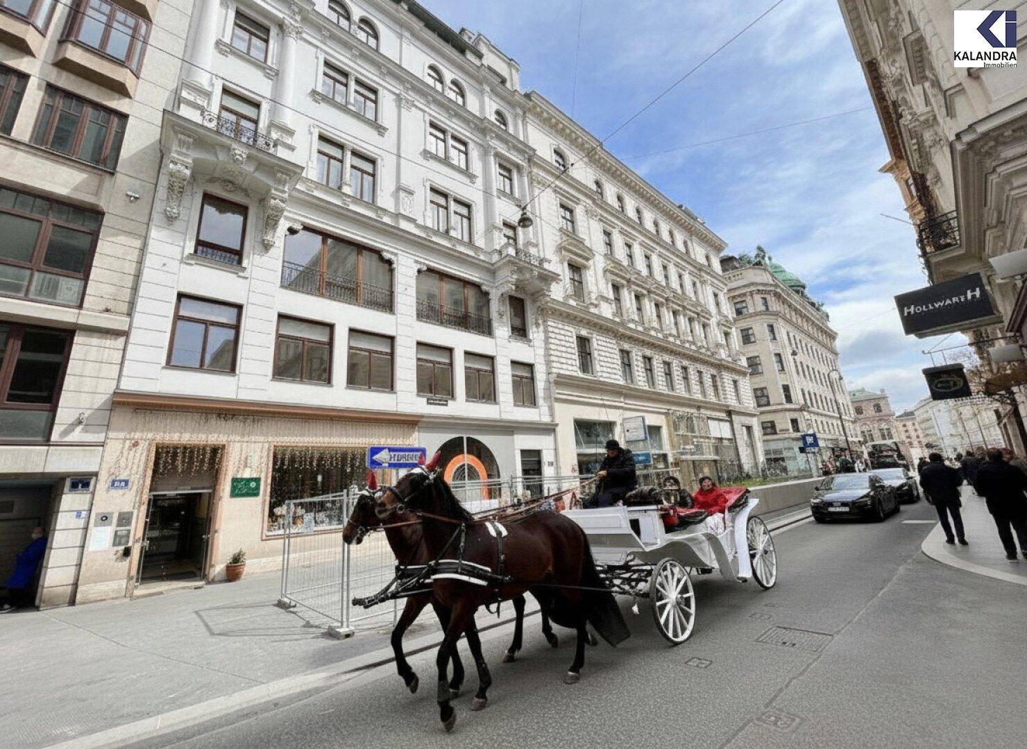 Historische Straße mit eleganten Gebäudefassaden und einer traditionellen Pferdekutsche, die durch die Stadt fährt.