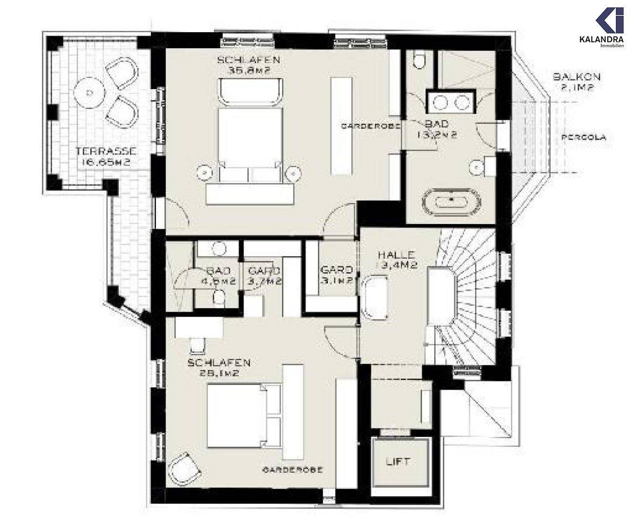 Detaillierter Grundriss mit Schlafzimmern, Bädern, Ankleiden, Terrasse, Balkon und Liftzugang.